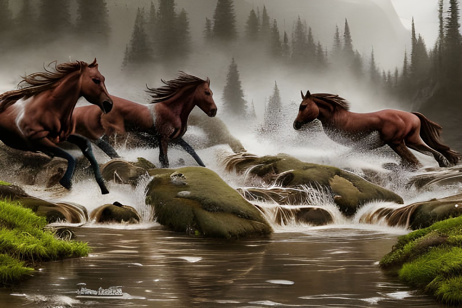 Wild Horses Stampede: Hyperrealistic Mountain Stream Photogr...