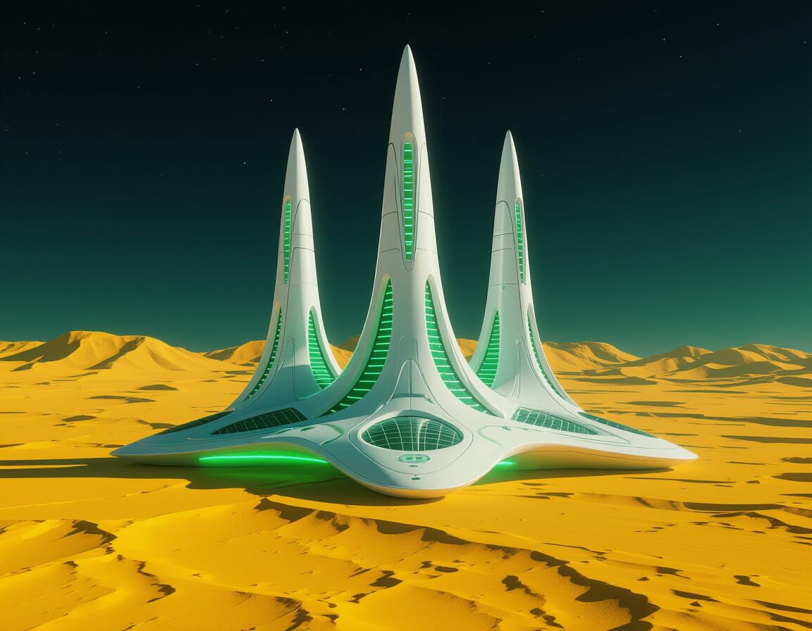 Futuristic Space Station With Wavy Curves on Rocky Planet