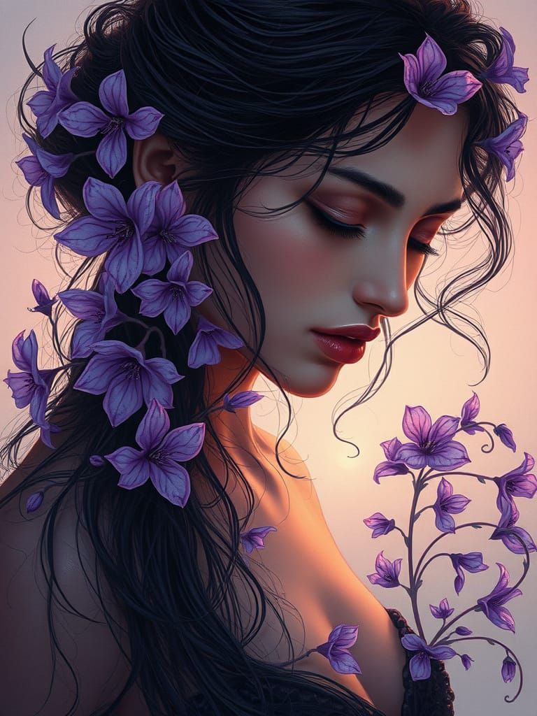 Mysterious Woman Enveloped in Purple Blooms