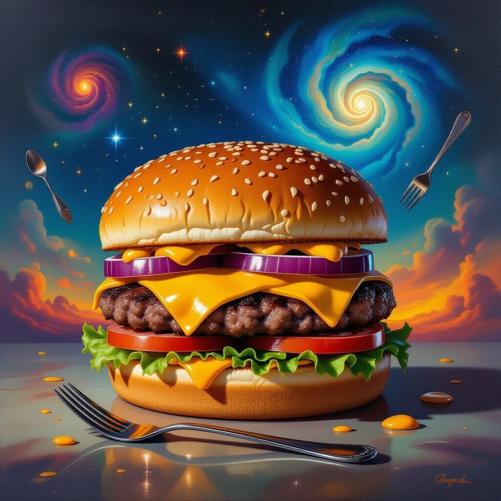 Surrealist Oil Painting of a Cosmic Cheeseburger