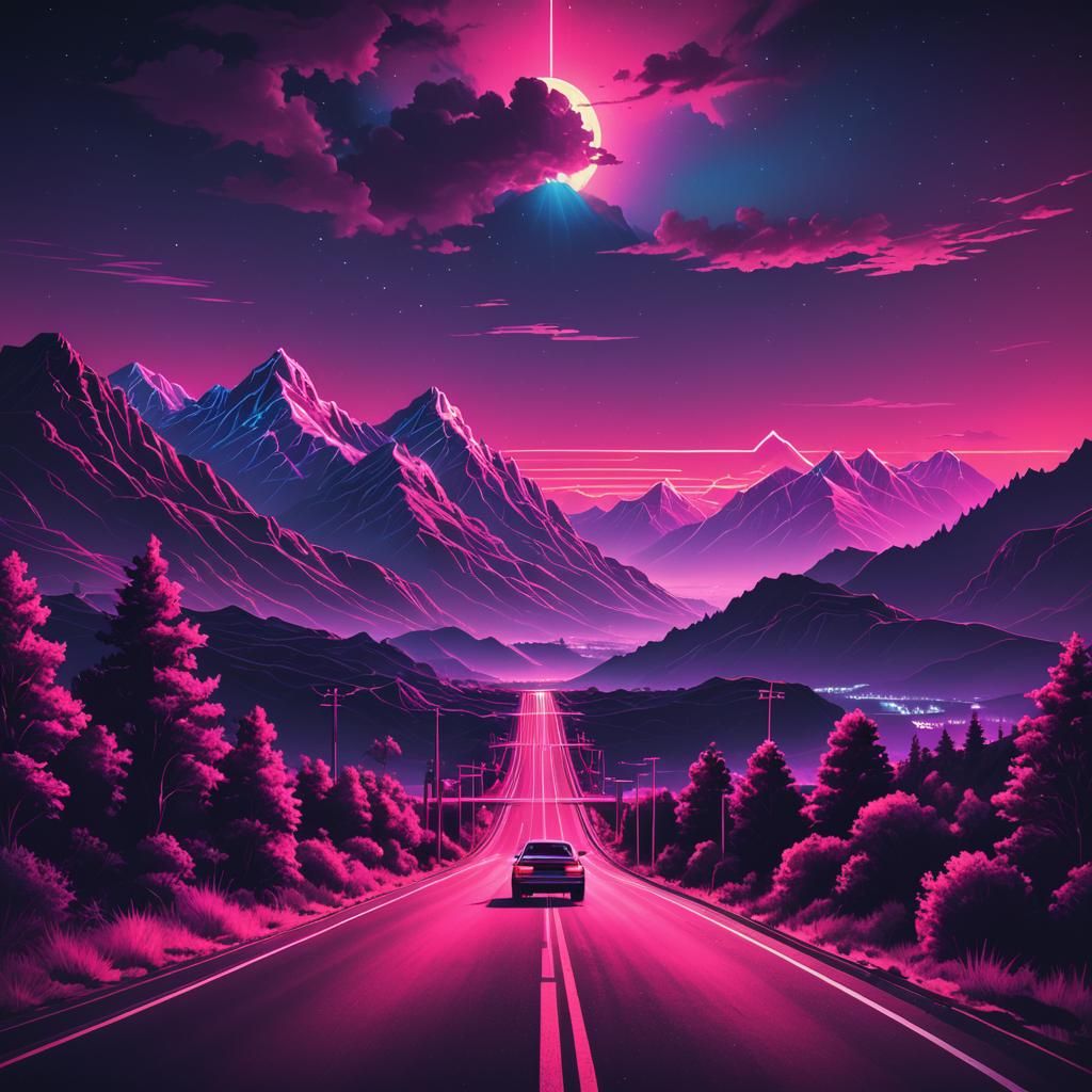 Synthwave Car Journey to the Mountains