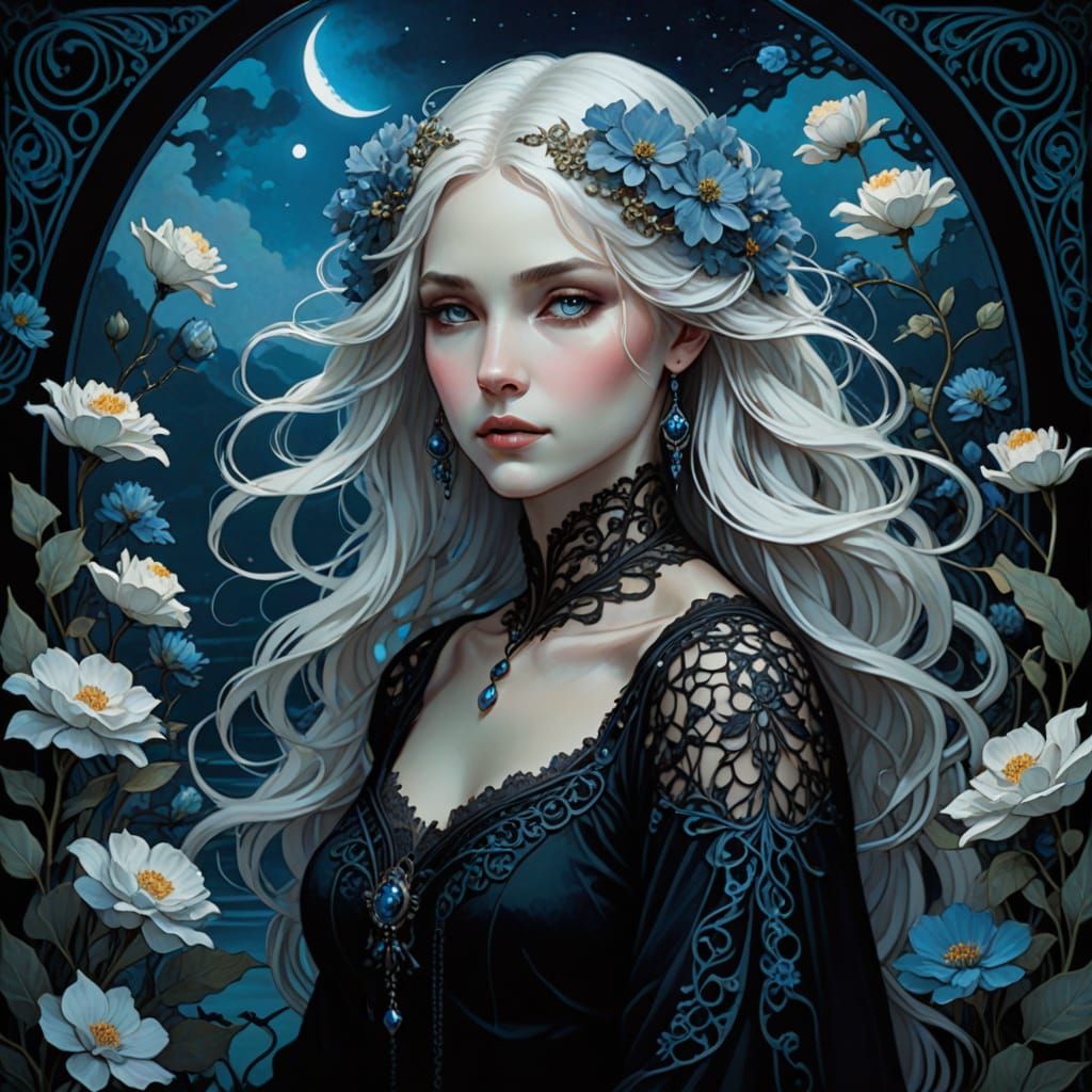 Art Nouveau Woman Amidst Blue Flowers Oil Painting