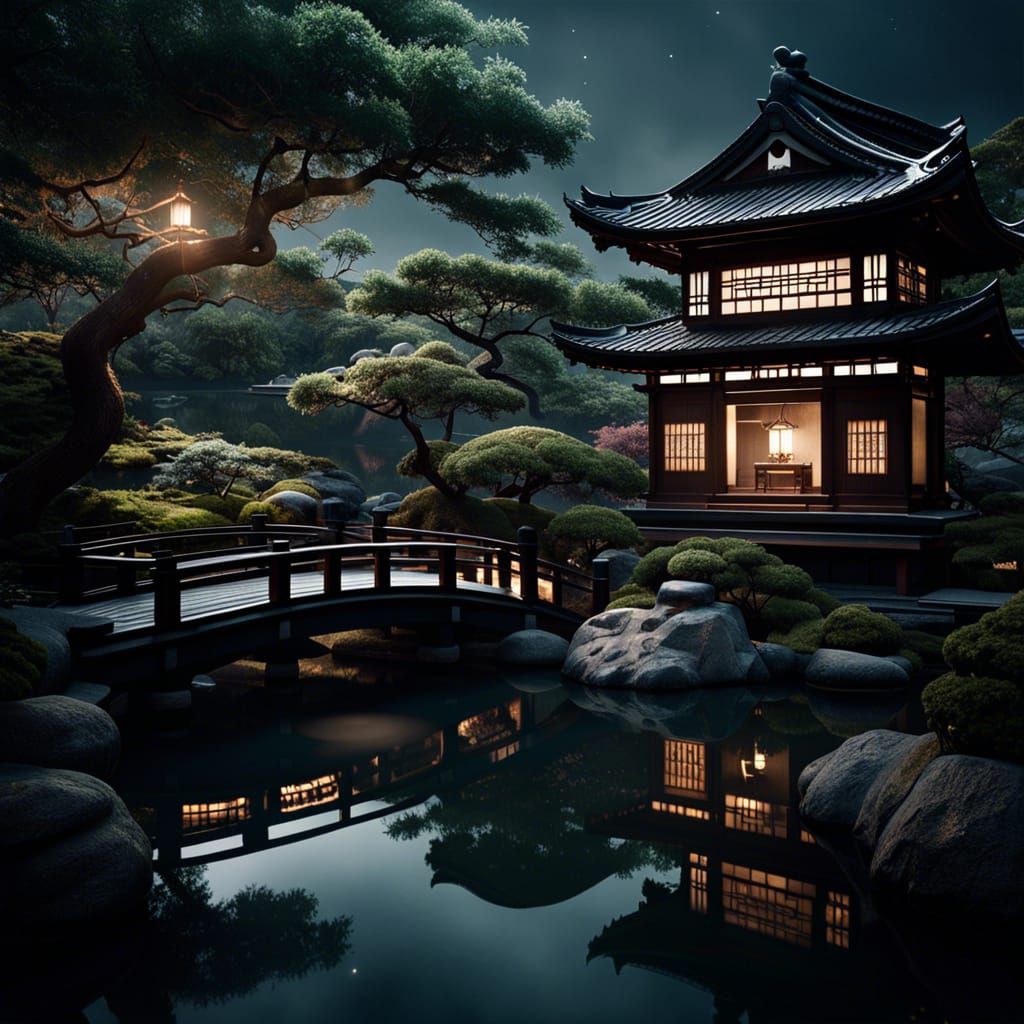 Moonlit Japanese Garden: Detailed Immersive Photography