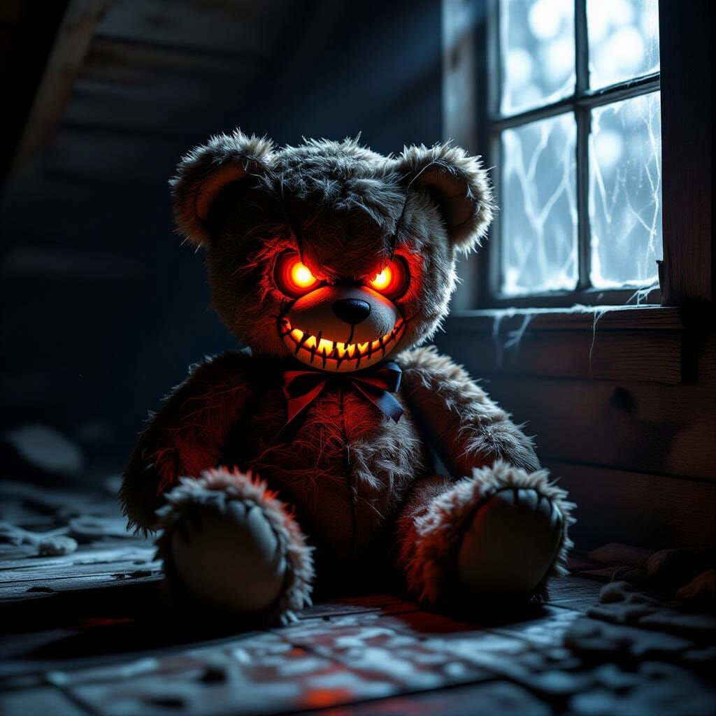 Sinister Teddy Bear with Glowing Red Eyes in Dusty Attic