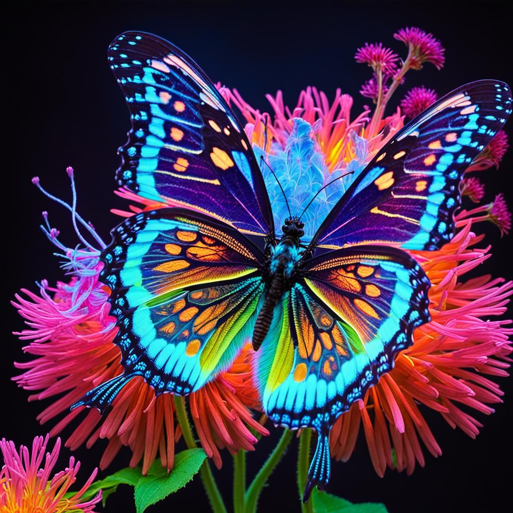 Luminous Butterfly on Bioluminescent Flower: Psychedelic Mac...