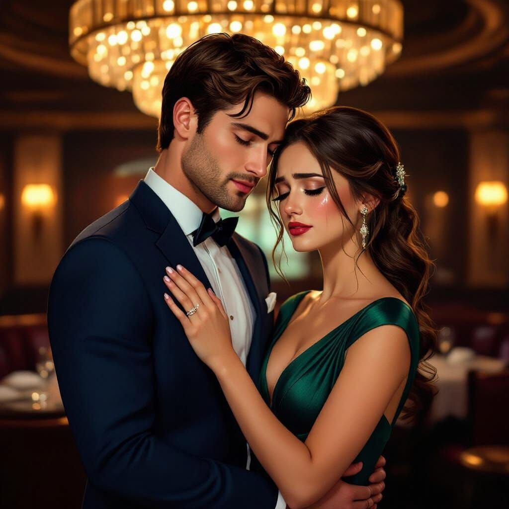 Couple's Emotional Moment in Opulent Steakhouse