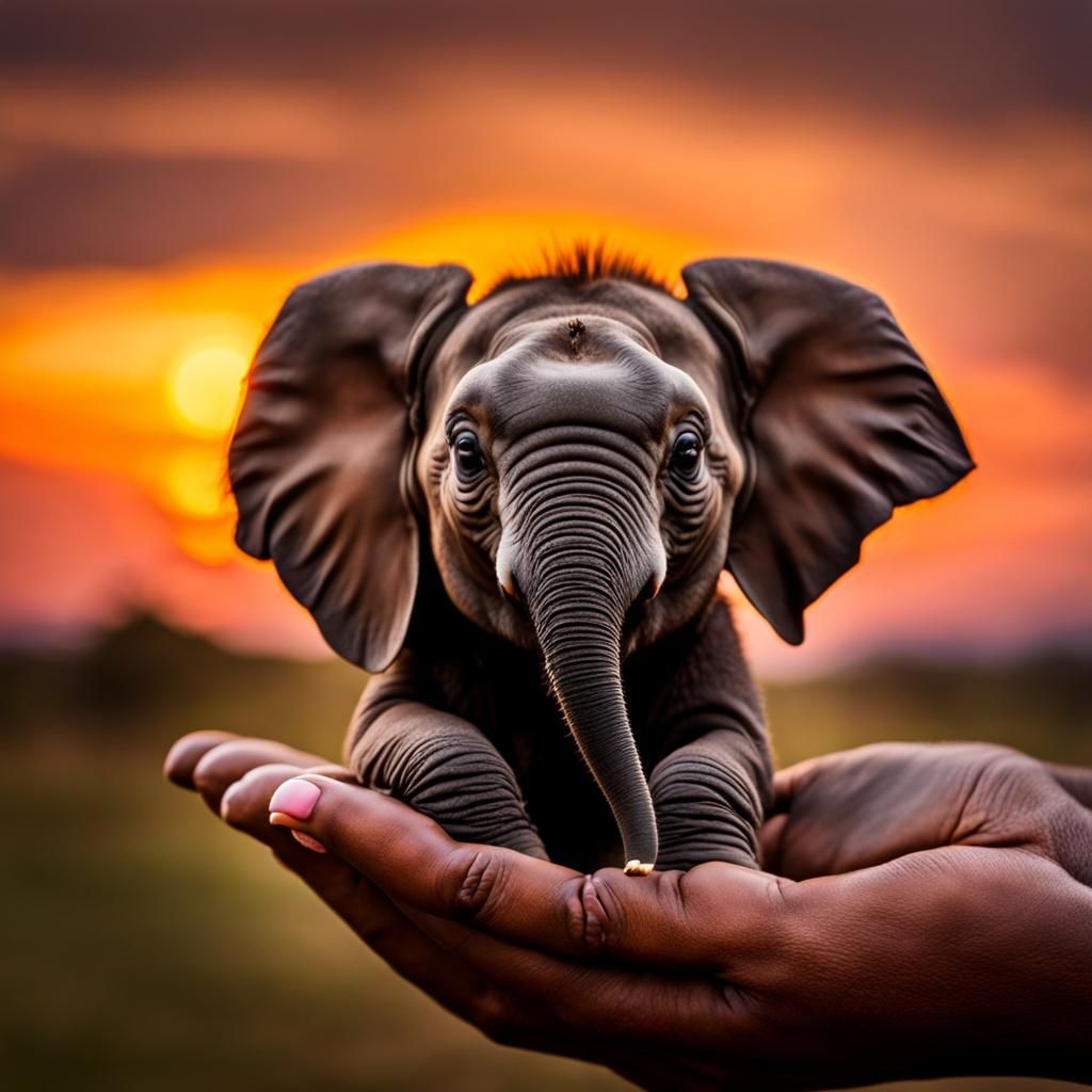 Baby Elephant in Hand: African Sunset Photography