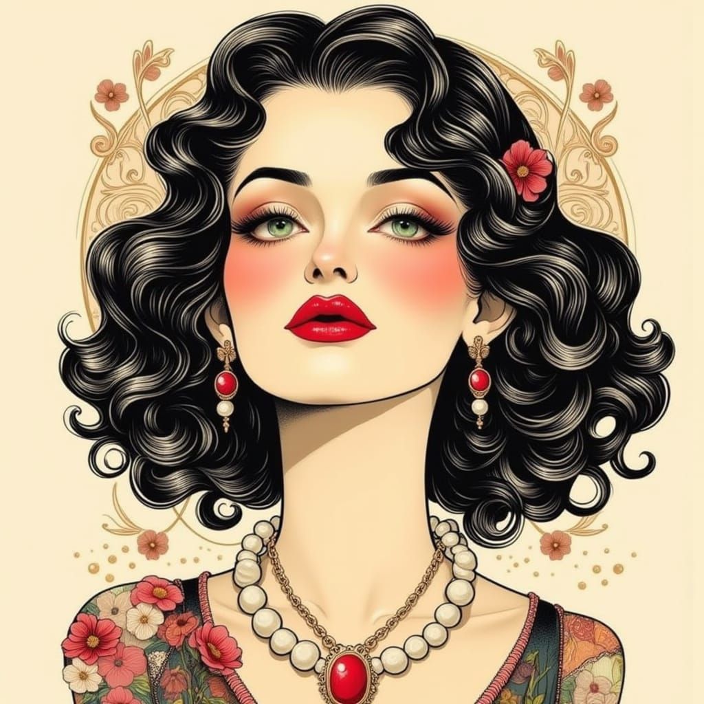Glamorous Woman in Neo-Traditional Tattoo Style