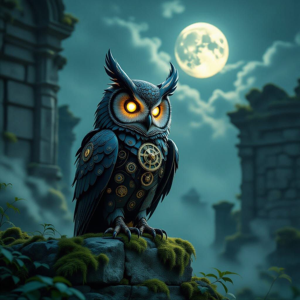 Mechanical Owl on Ancient Ruins in Ethereal Moonlight