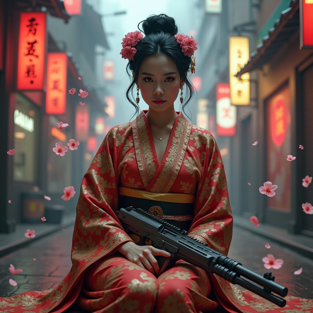 Yakuza Woman in Cyberpunk Tokyo with Cherry Blossoms