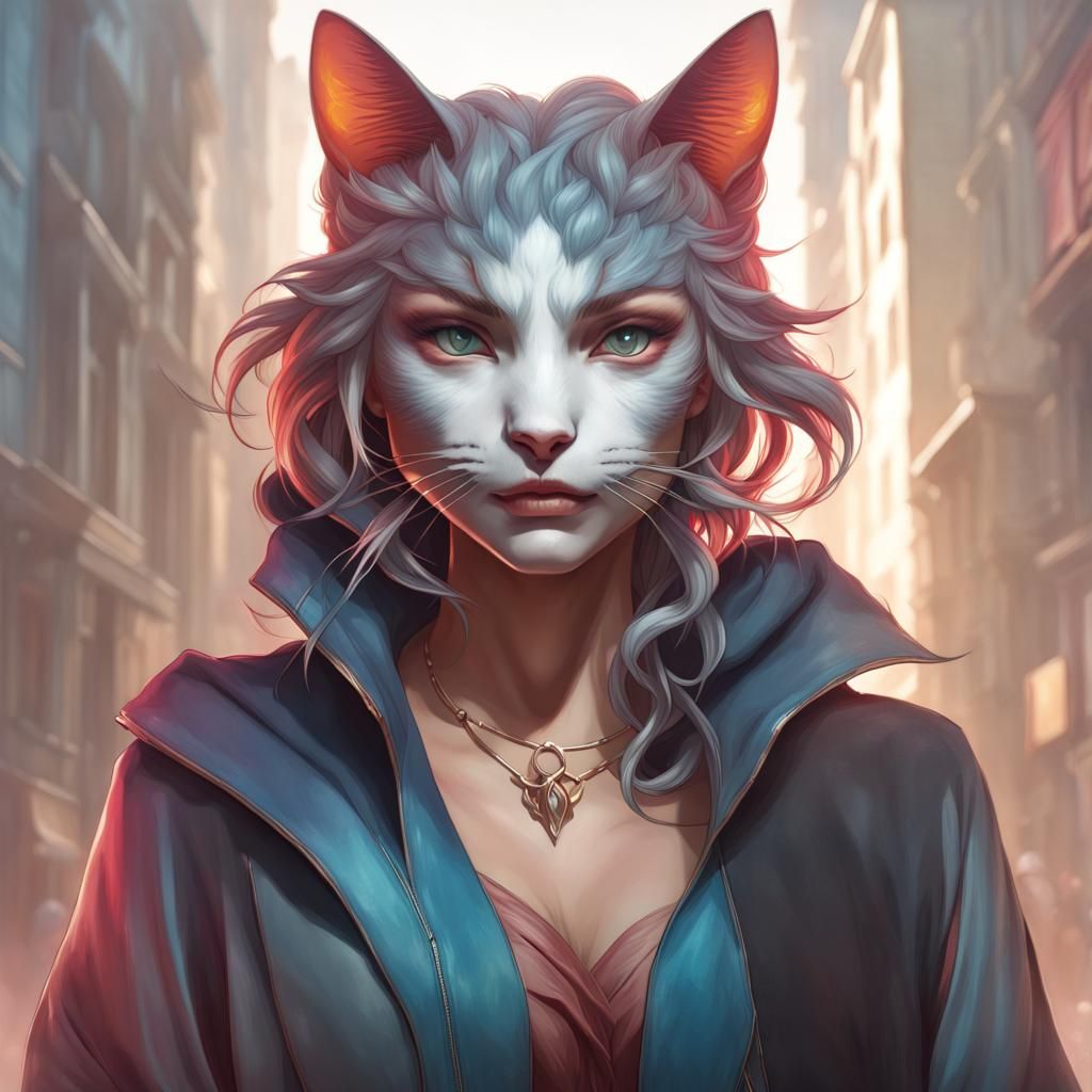 Detailed Portrait of a Cat-Human Hybrid in Digital Art Style