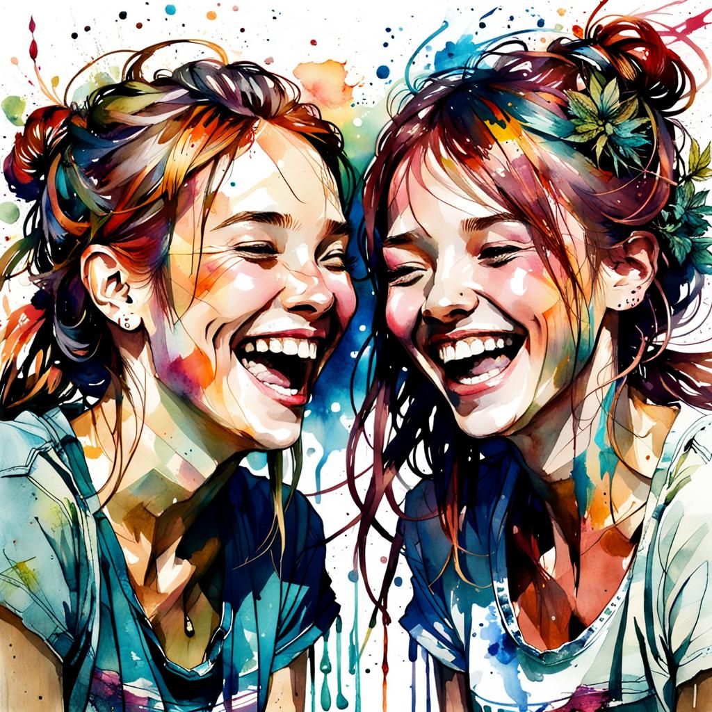 Best Friends Laughing Watercolour Painting