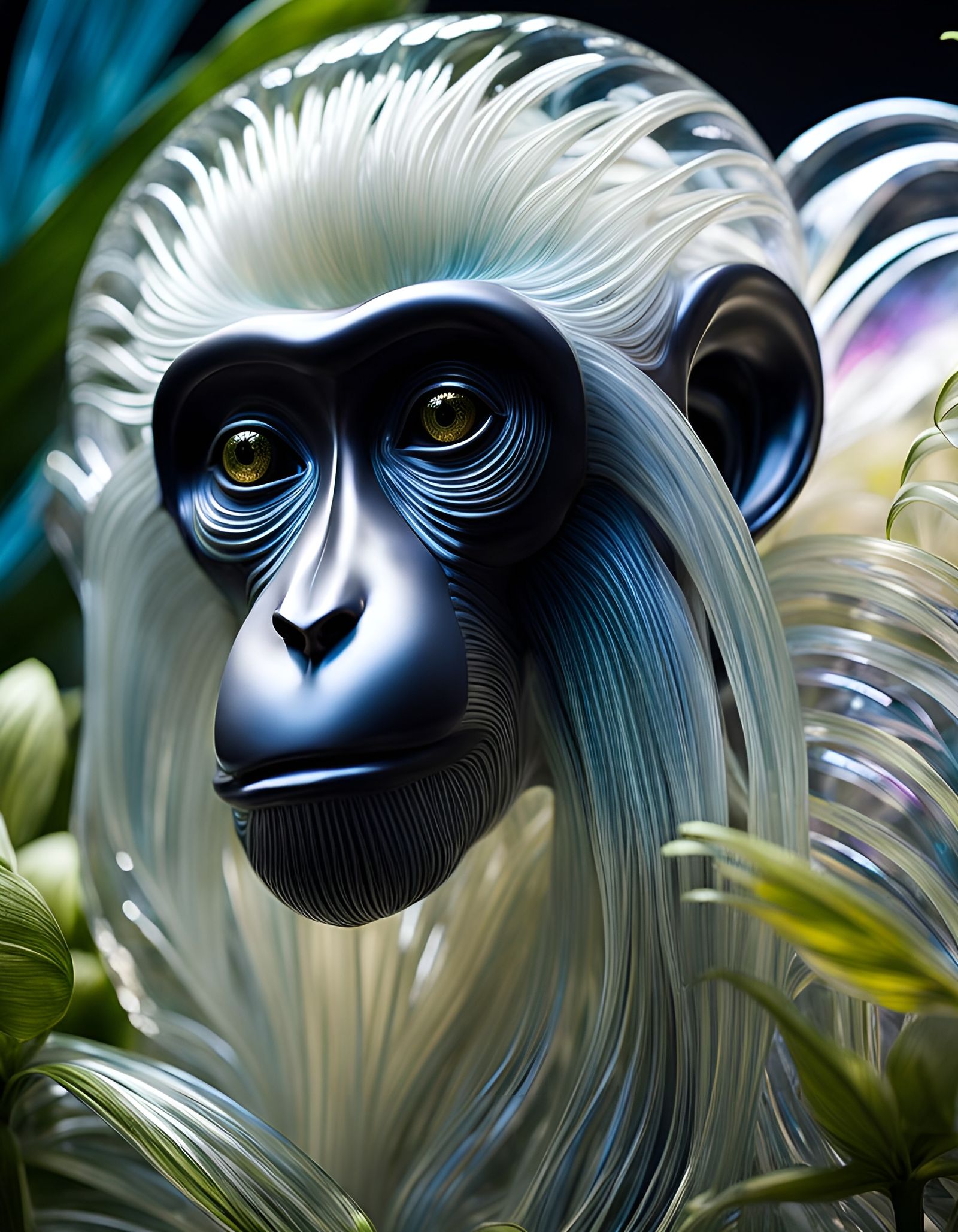glass sculpture of a colobus monkey