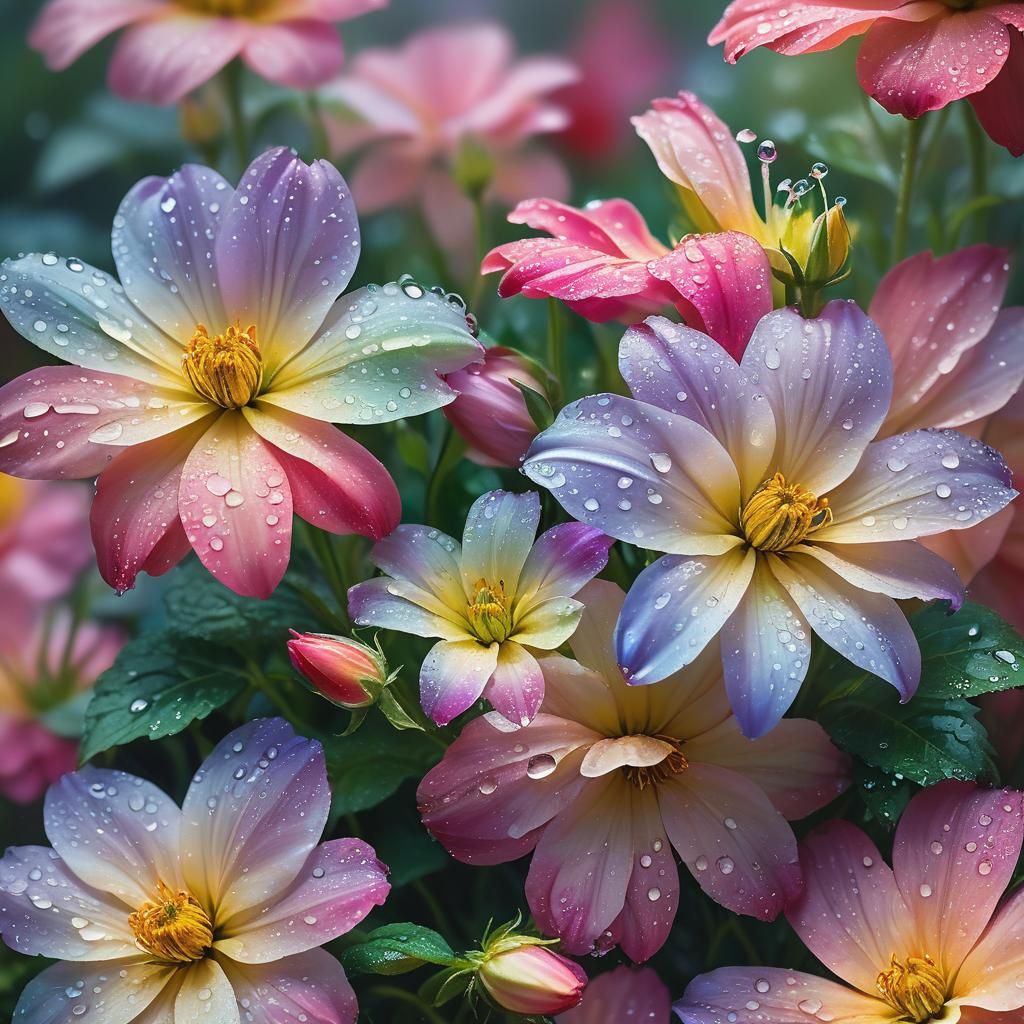 Dewy Flowers in a Lush Garden, Soft Light
