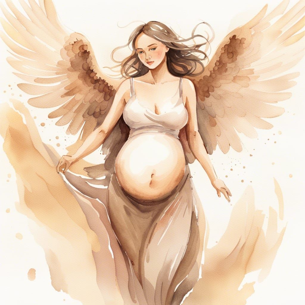 Pregnant Angel with Eagle Wings in Watercolor