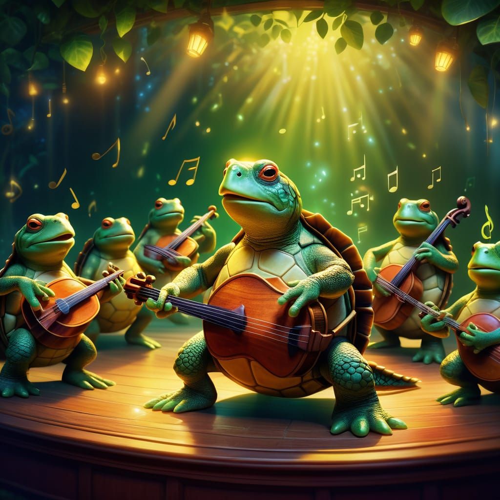 Singing Turtle with Frog Orchestra: Whimsical Concept Art