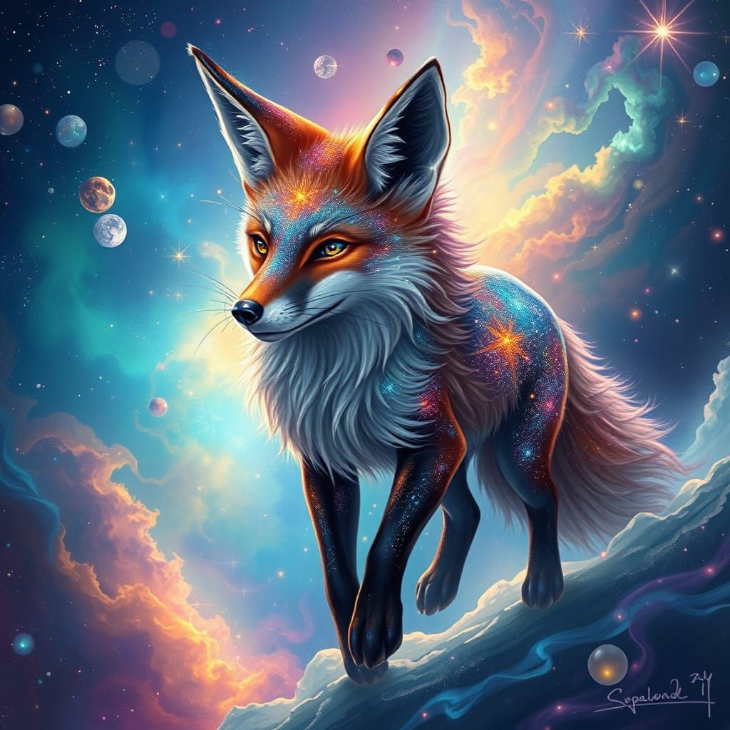 Celestial Fox in Vibrant Nebula, Fantasy Concept Art