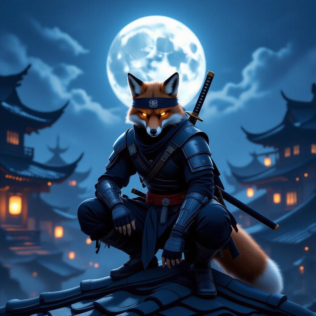 Stealthy Ninja Fox on Rooftop in Japanese Village