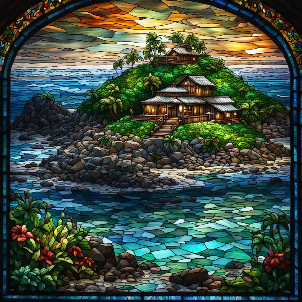 Stained Glass Island Art in Hyperrealistic Style