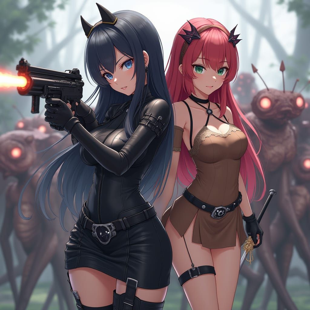 Anime Women Fight Mosquito Humanoids in 3D Art