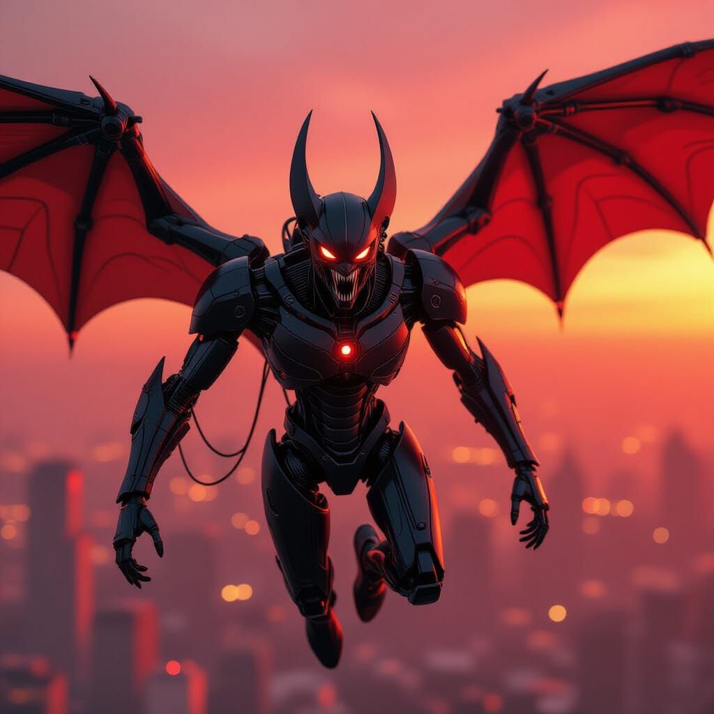 Biomechanical Bat Humanoid in Ominous Red Sky