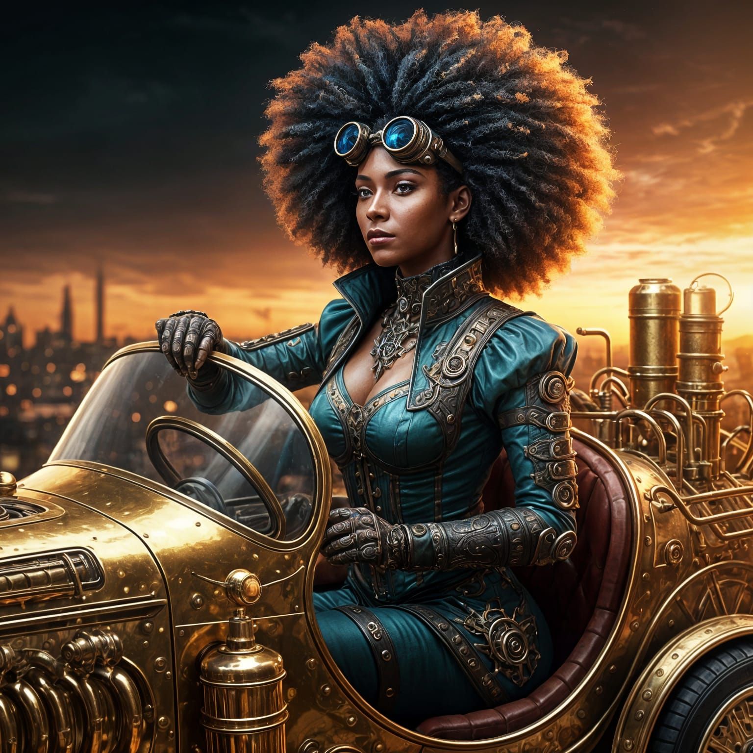 A Futuristic Black Woman Cruises in a Shimmering Gold Steamp...