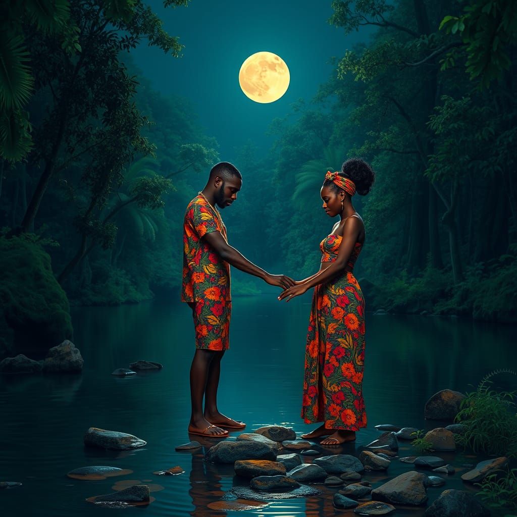 Romantic Afrofuturistic Couple by Moonlit Stream