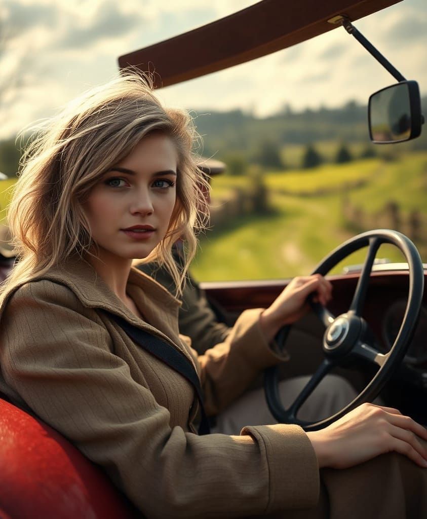 Vintage Car in English Countryside, Fantasy Art