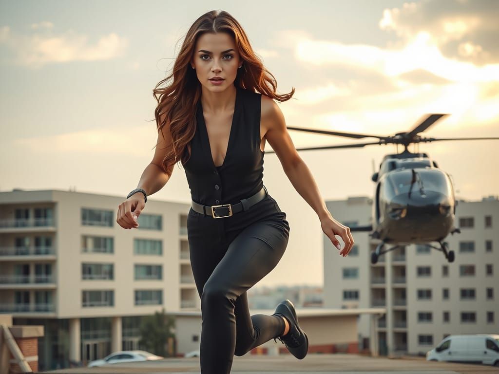 Spy Girl's Rooftop Escape: Photorealistic Action Portrait