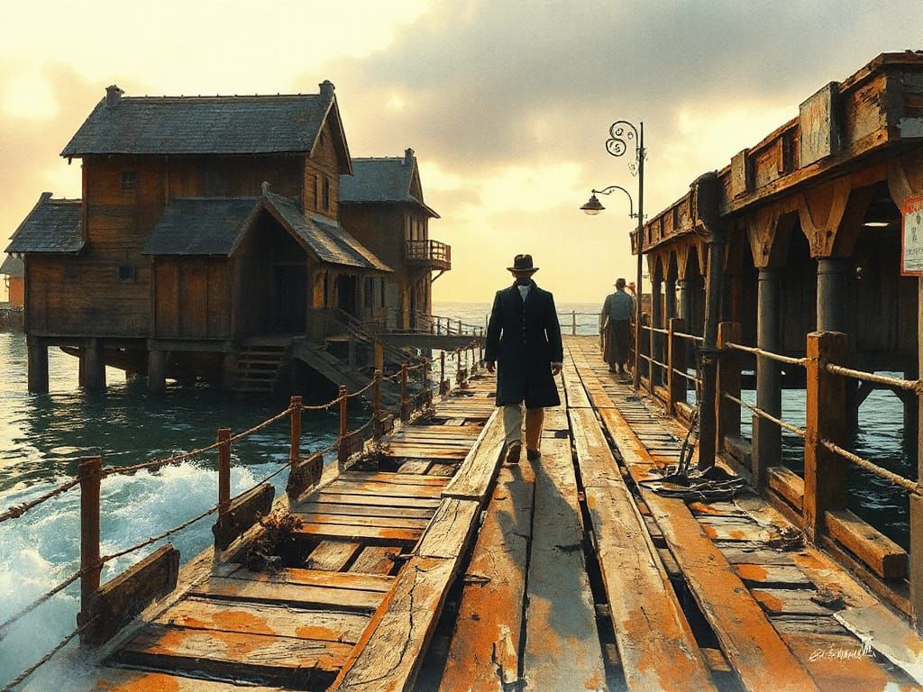 18th Century Seaside Pier, Hyperrealistic Splash Art