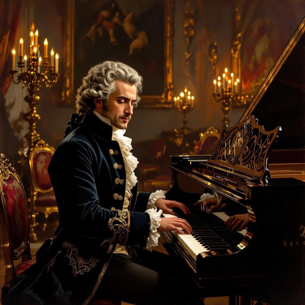 Mozart Plays Piano in Baroque Salon Oil Painting