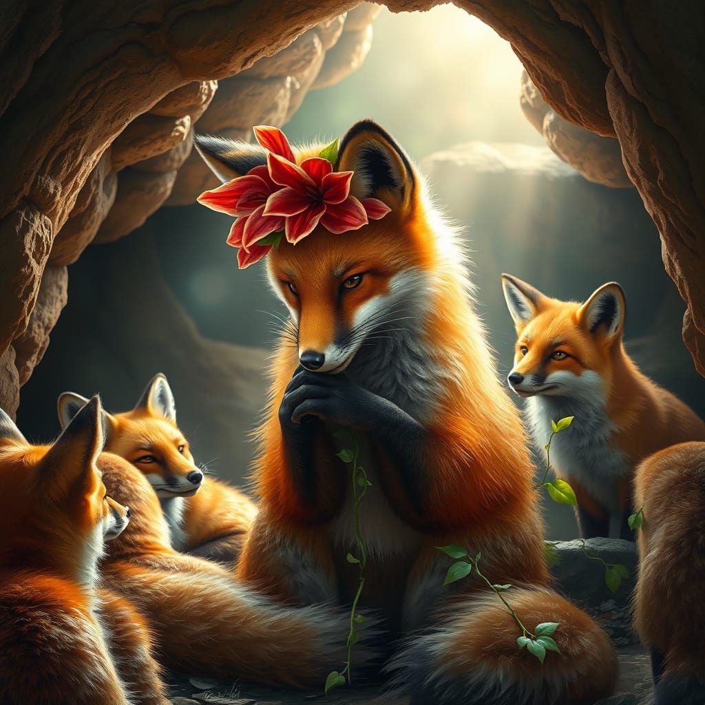 Surreal Whimsy in Earthy Hues: Fox Grooming in a Secluded Ca...