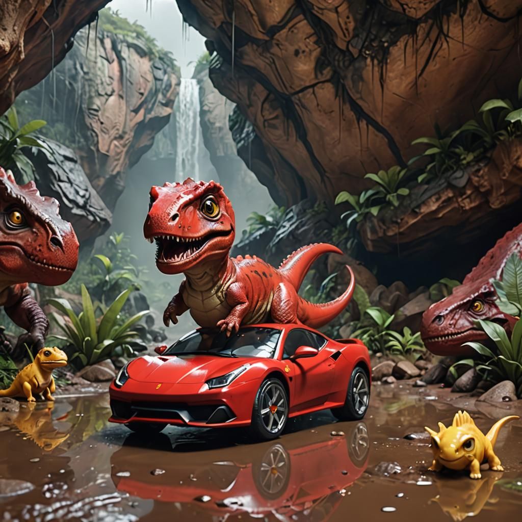 Adorable T-Rex Crashes Ferrari: 8K Ultra-Realistic