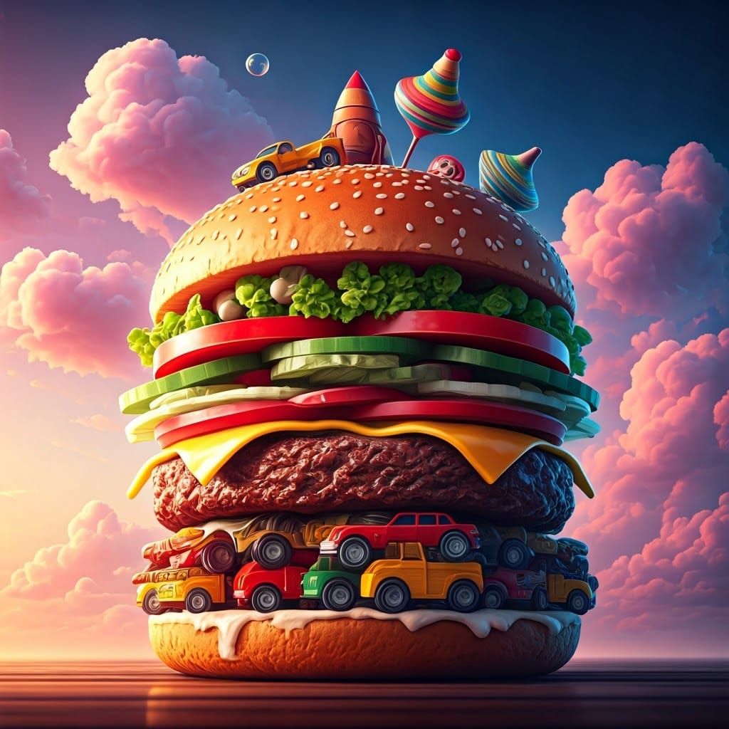 Whimsical Toy Burger Tower in Digital Painting Style