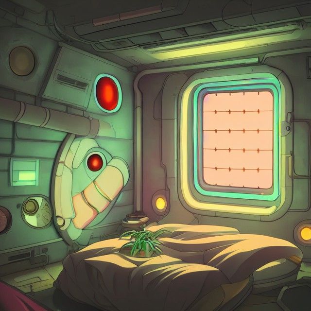 Cozy Anime Spaceship Interior with Alien Pet