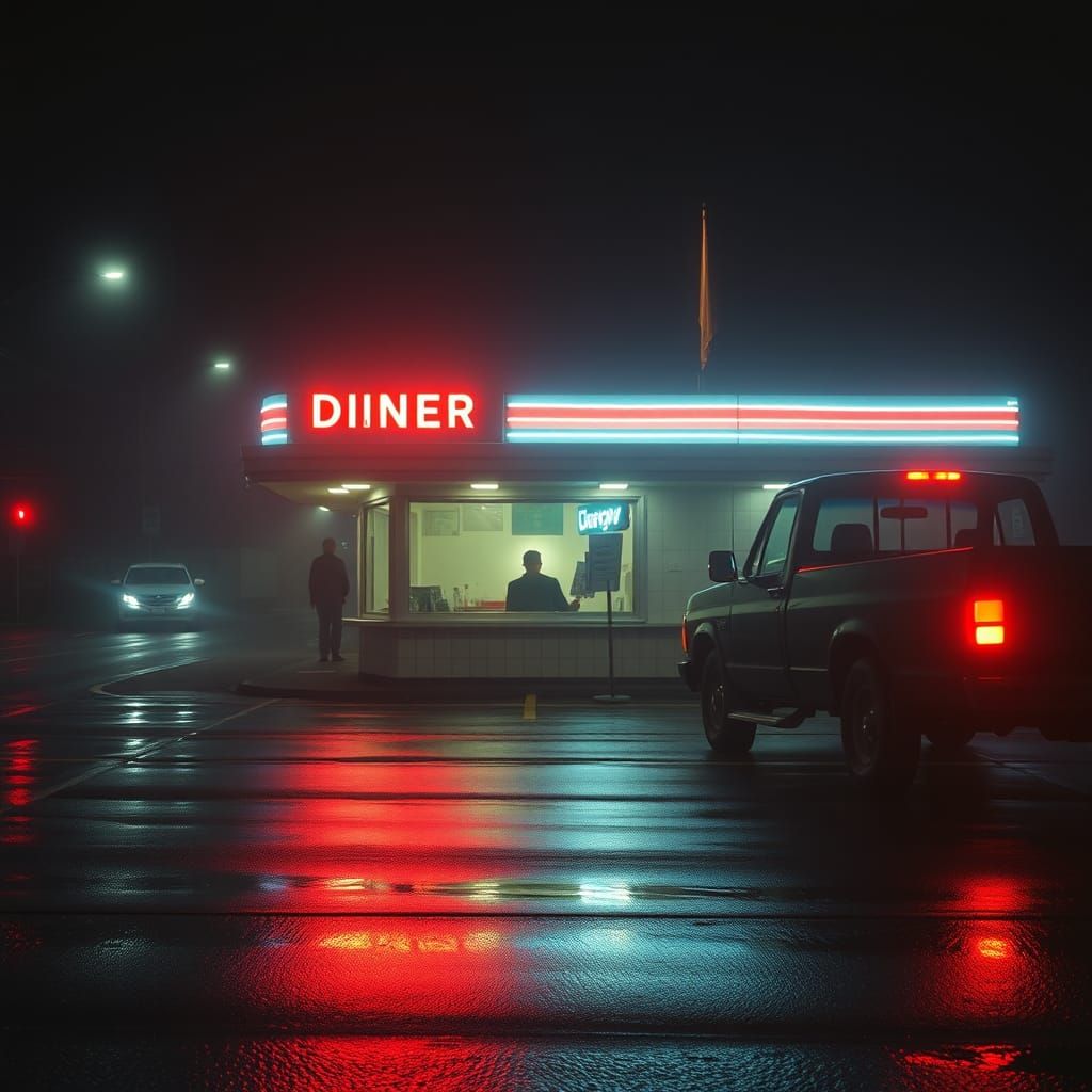 Midnight Roadside Diner in Hyperreal Lighting