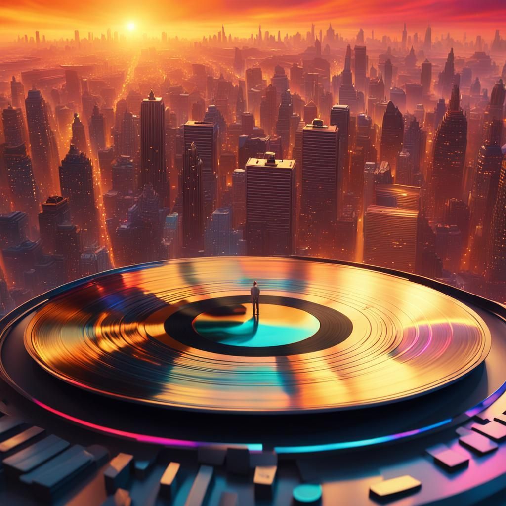 Surreal Cityscape Reflected on Vinyl Record