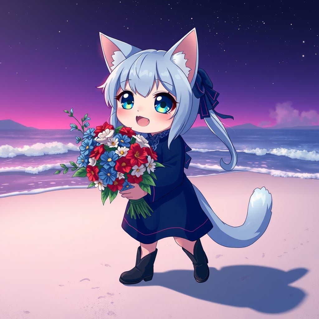 Synthwave Catgirl Delivers Flowers on Starry Beach