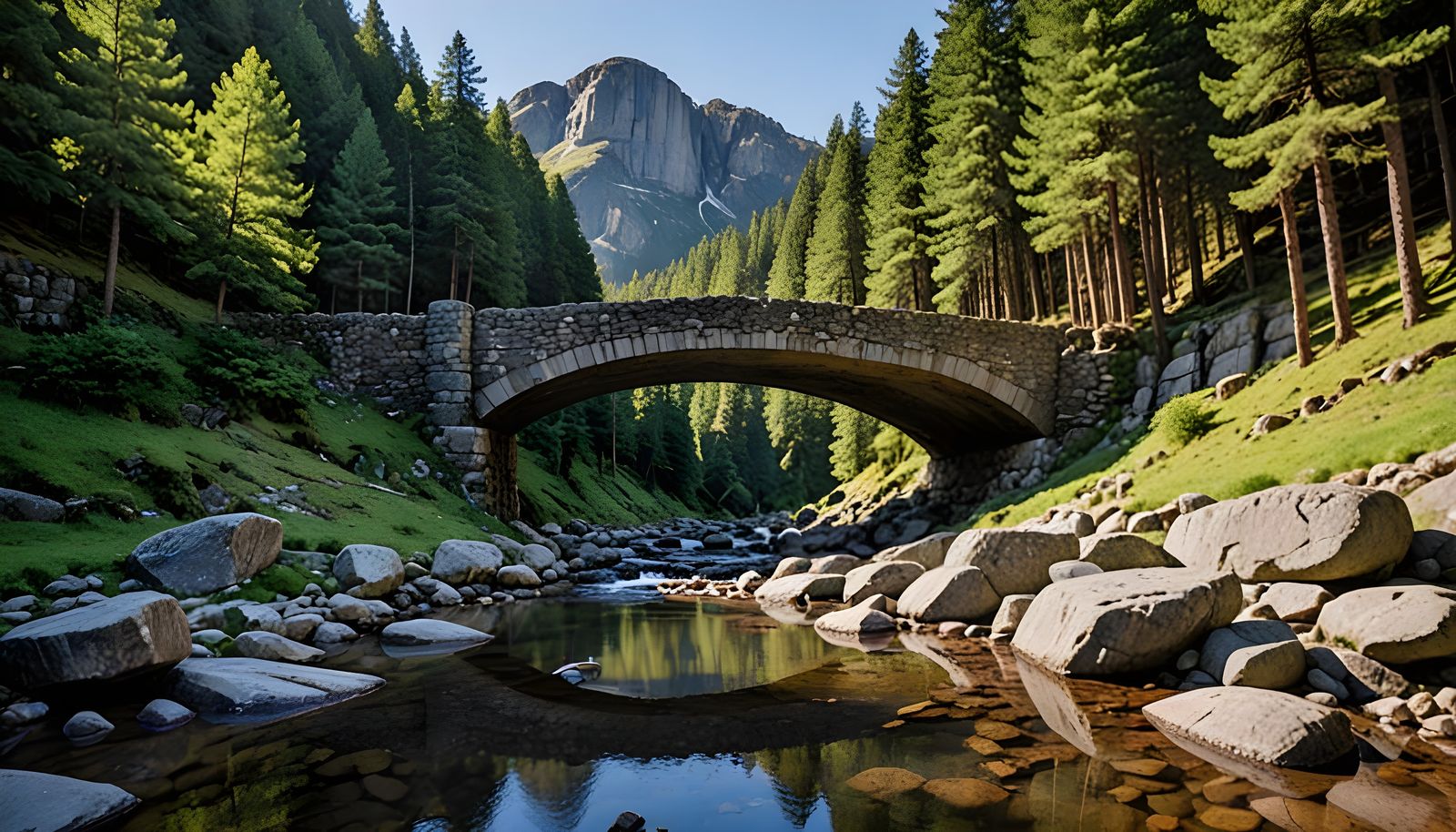 Ancient Bridge Amidst Pine-Framed Canyons