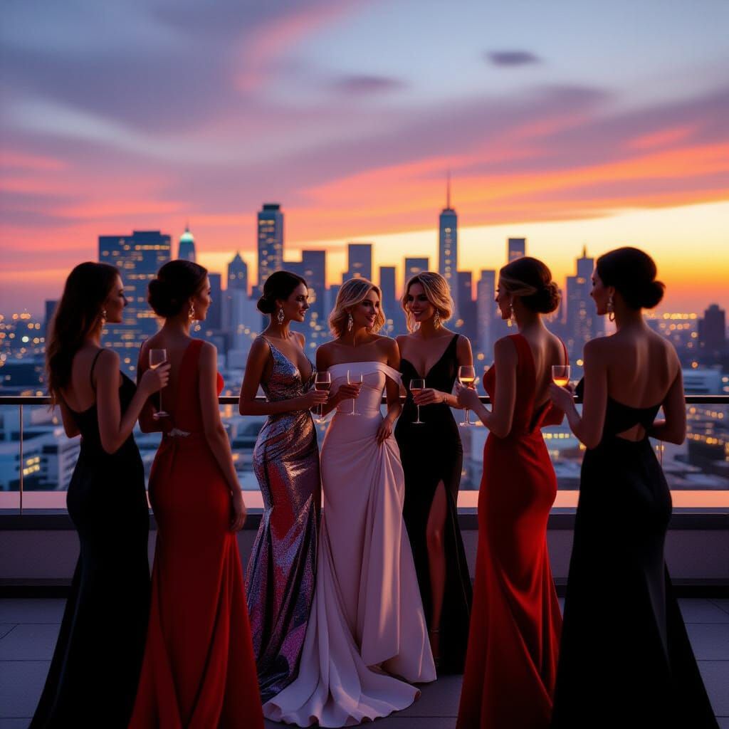 Glamorous Women at Rooftop Party at Sunset