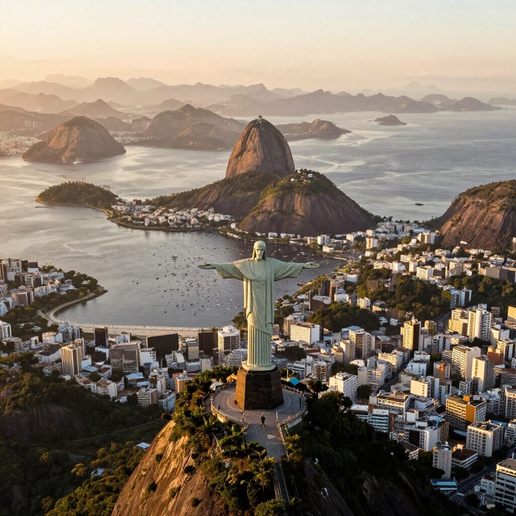 Rio de Janeiro Golden Hour Aerial View with Christ the Redee...