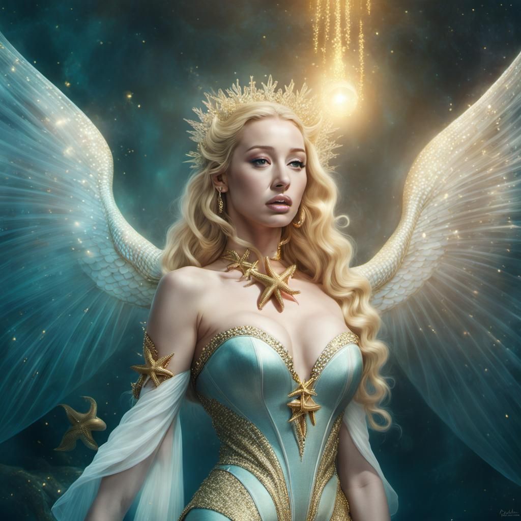 Golden Mermaid with Starfish in Digital Painting