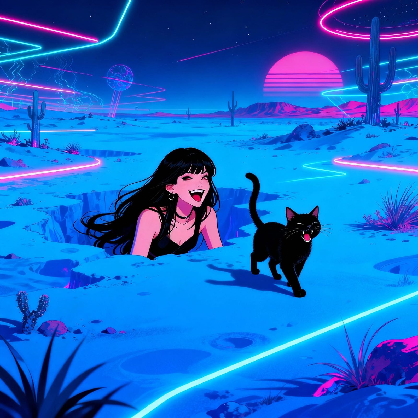Surreal Woman and Cat in Blue Neon Wasteland