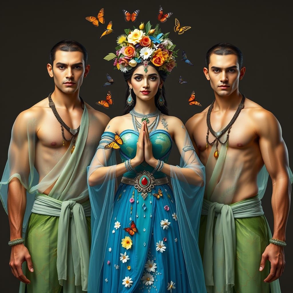 Muscular Men with Mother Earth in Vibrant Style