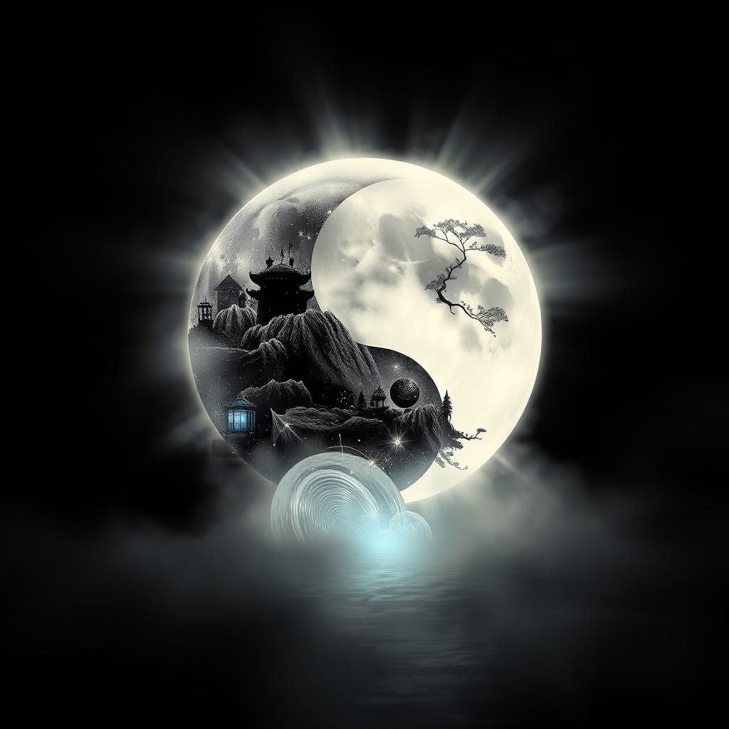 Yin Yang Earth and Moon in Fog, Sumi-e Ink Painting