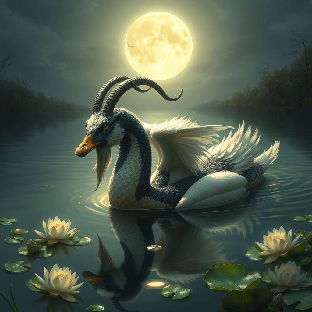 Majestic Half-Goat Half-Duck Creature Glides Through Moonlit...