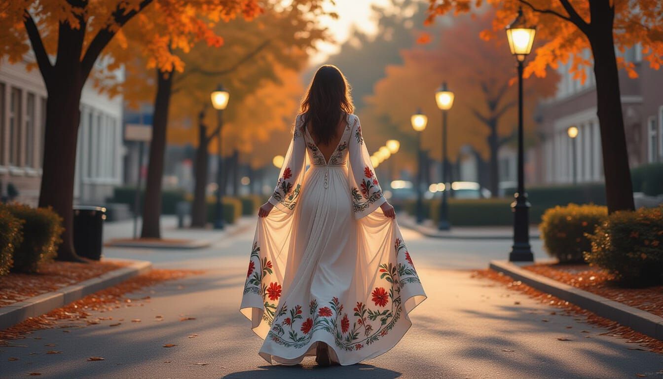 Elegant Woman in Autumn City Street Oil Painting