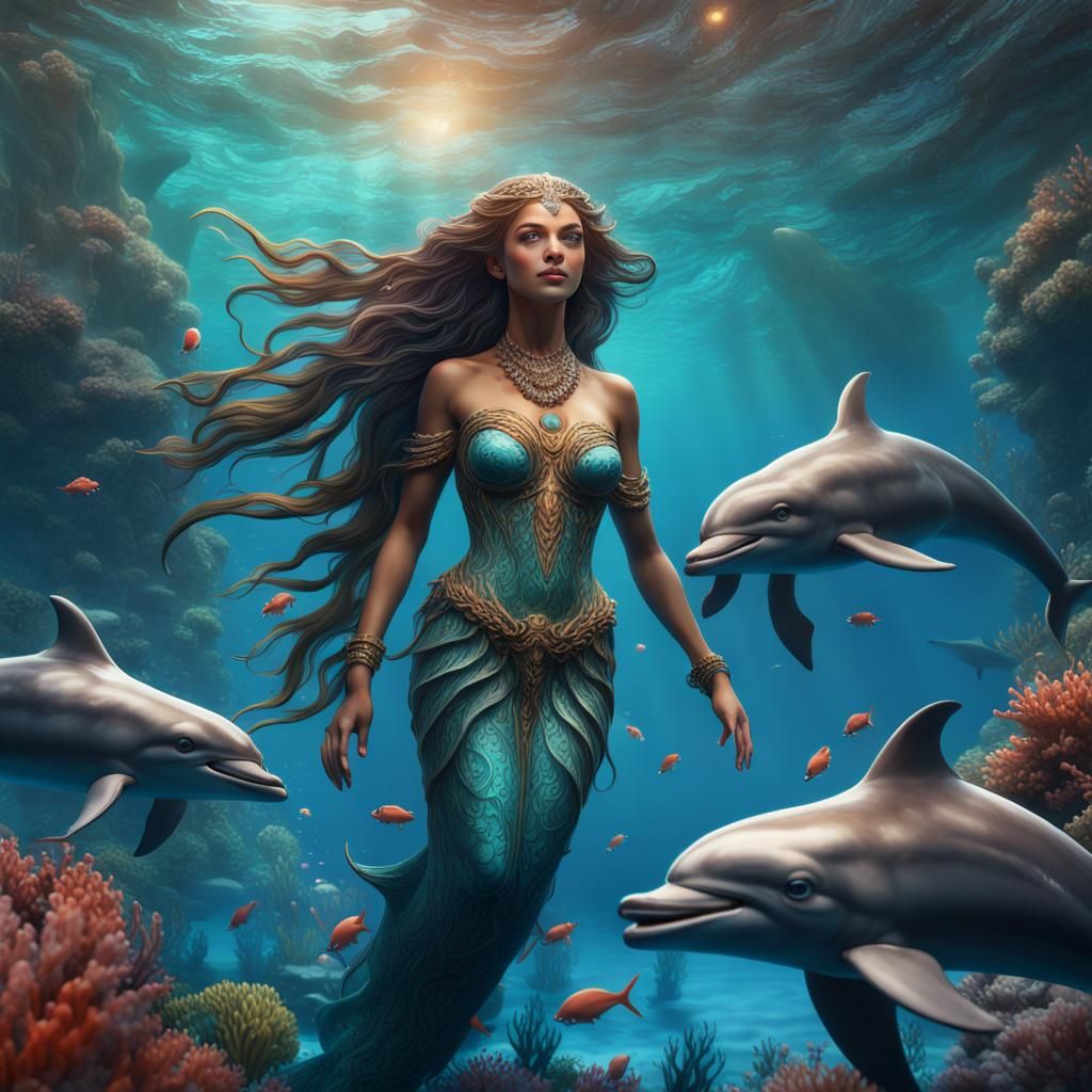 Water Goddess Swimming with Dolphins in Coral Reef