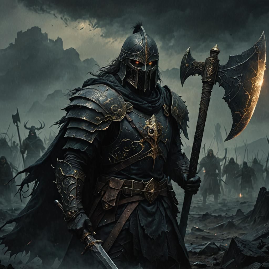 Dark Fantasy Warrior in Haunting Landscape