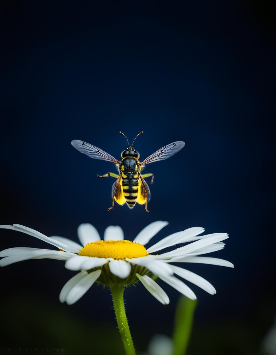 Glowing Firefly on Daisy at Night: Bokeh Photography